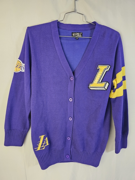 NBA Sweaters - NWT Women's FISLL LA Lakers Chenille Letterman Cardigan Sweater Purple Sz M